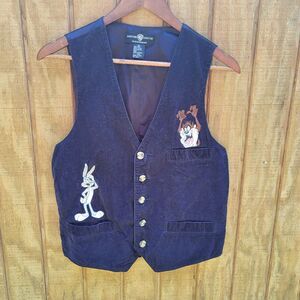 Warner Bro Studio Taz & Bugs Navy Blue Corduroy Vest Vintage 90s Mens Size XS